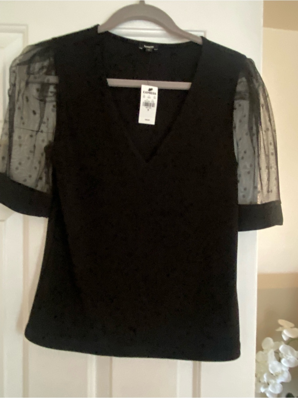 Express Black V-Neck Top with Sheer Polka-Dot Puff Sleeves